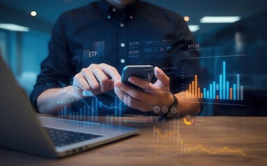 Financial data analysis on mobile device with a laptop, and futuristic interface
