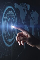 Fototapeta premium Hand touching a digital interface with a world map background.