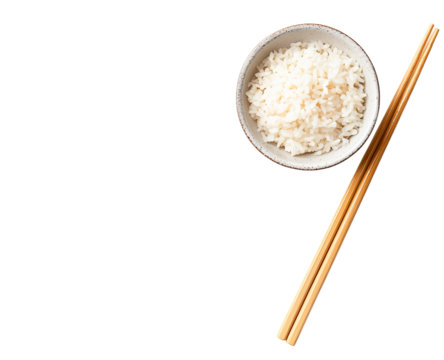 Overhead view of a bowl of white rice and chopsticks, isolated on transparent background, simple food photography, minimalist style, Asian cuisine, healthy