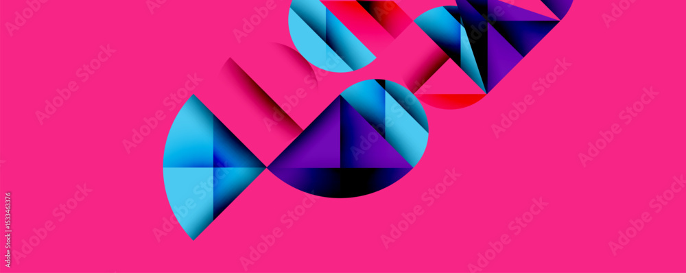 Poster abstract geometric shapes, vibrant colors, pink background. modern design, dynamic composition, visu
