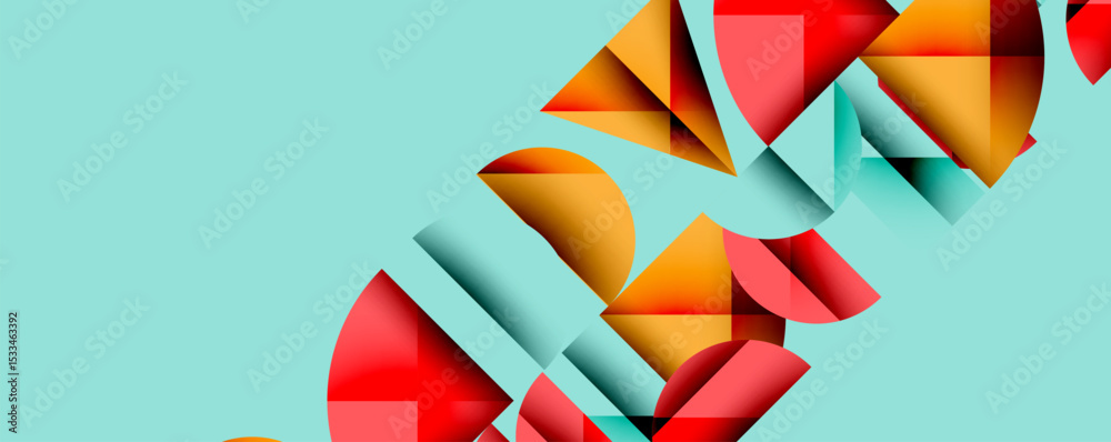 Poster Abstract geometric shapes overlap, creating dynamic composition. Colors include red, orange, teal against light blue background. Modern design.