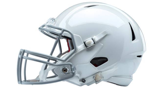 Glossy white football helmet isolated on a black background for sports competition and protective gear isolated on white transparent background PNG cutout
