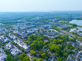 Aerial view of Shanghai Qingpu Zhujiajiao ancient town on sunny day.