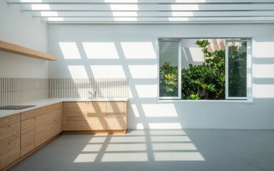 Fototapeta premium Bright Modern Kitchen Interior with Garden View and Geometric Shadow Patterns