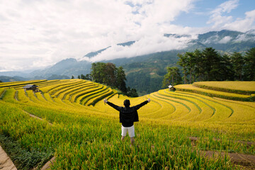 A person with arms outstretched embraces the vast golden rice terraces, overlooking a distant...