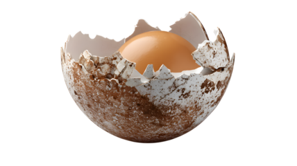A cracked eggshell reveals a perfectly formed egg on a black background emphasizing nature and nutrition isolated on white transparent background PNG cutout
