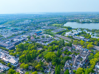 Aerial view of Shanghai Qingpu Zhujiajiao ancient town on sunny day.