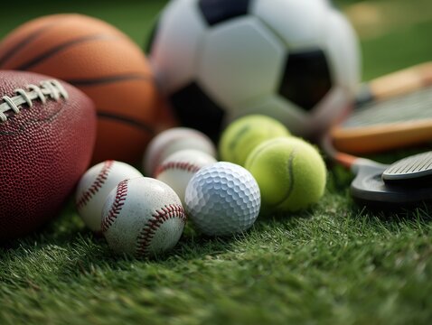 Macro close - up of multi - sport equipment on lawn: balls & rackets for sports brand & outdoor promotion materials - Powered by Adobe