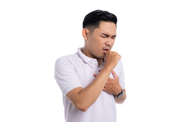 Young man coughing and touching chest as a sign of respiratory illness or chest pain isolated on transparent background