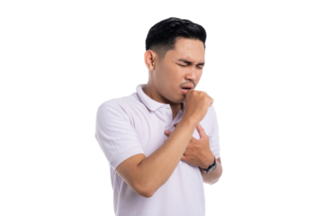 Young man coughing and touching chest as a sign of respiratory illness or chest pain isolated on transparent background