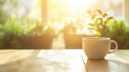 Fototapeta premium A serene scene featuring a coffee cup on a wooden table, bathed in warm sunlight. Lush green plants in the background create a cozy, inviting atmosphere.