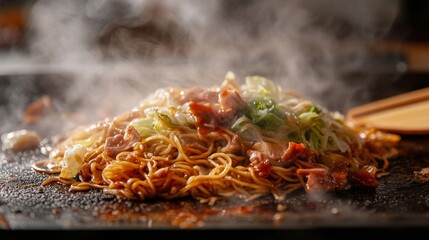 Steaming Yakisoba Noodles with Pork and Vegetables on a Teppanyaki Grill - Japanese Street Food Cuisine