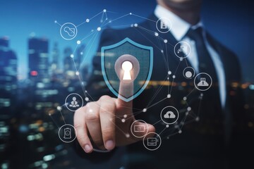 A person's finger touches a digital shield graphic with security icons.