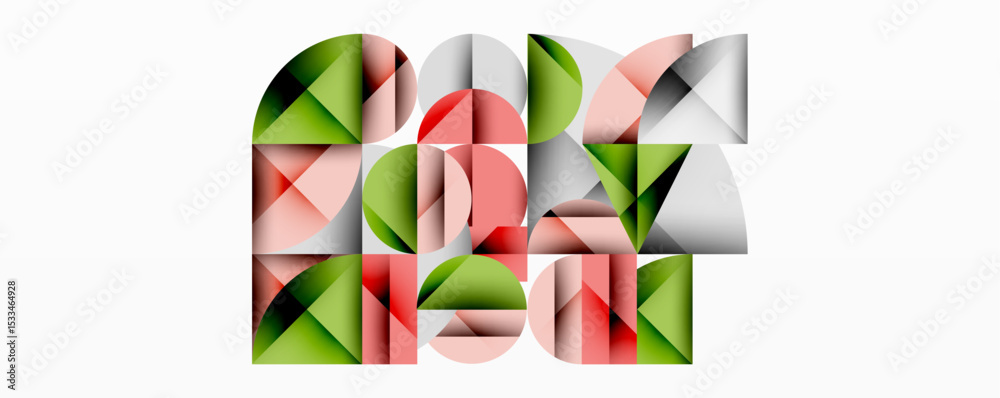 Poster Abstract geometric composition. Shapes overlap, creating dynamic visual texture. Colors include green, red, gray tones. Modern design element.