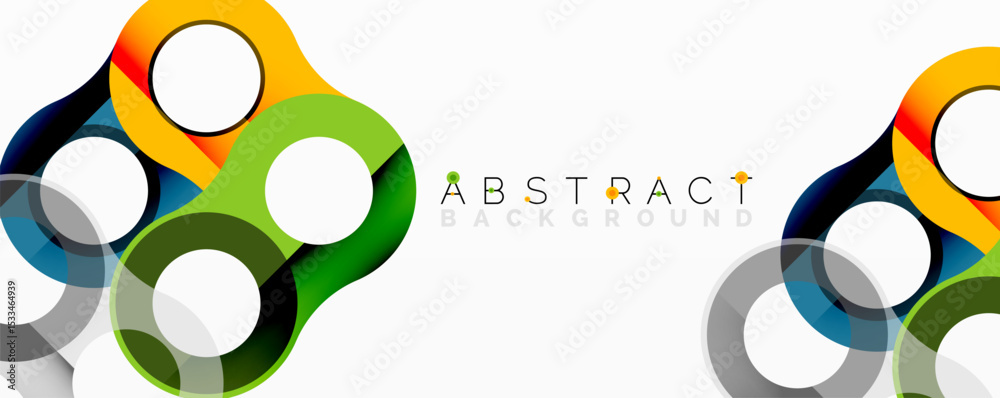 Poster Colorful overlapping circles create modern abstract design. Bright hues blend, forming dynamic visual composition. Simple, clean aesthetic.