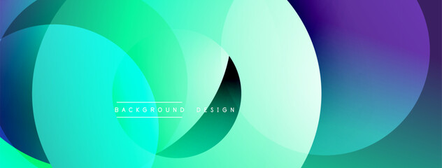 Abstract background features overlapping circles. Turquoise, purple hues create dynamic visual effect. Modern design element.