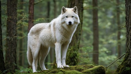 Obraz premium Majestic White Wolf in a Serene Forest Setting, A captivating white wolf standing amidst lush forest scenery, surrounded by vibrant green foliage and natural tranquility.