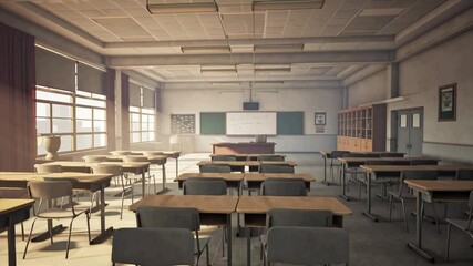 Modern High School Classroom Interior with Desks and Whiteboard in Natural Light - Powered by Adobe