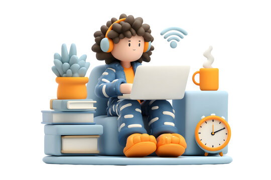 Cozy home office setup with a cartoon character working on a laptop in pajamas