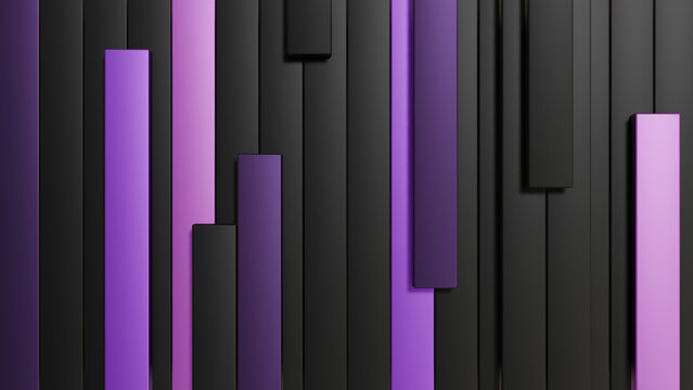 Vertical black and purple bars in 3D style, creating a modern abstract geometric background