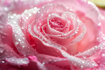 Close-up of a pink rose with water droplets on its petals. Gentle lighting enhances the flower&rsquo;s texture and depth of color