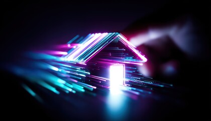 Digital house icon illuminated by glowing lines