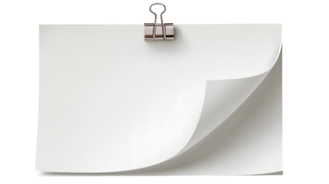 Blank white paper sheets with corner folded held together by a silver binder clip on isolated on white transparent background PNG cutout
 - Powered by Adobe
