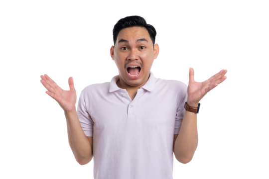 Shocked young man raising hands and opening mouth in surprise expression isolated on transparent background