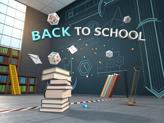 Back to school modern classroom with books and floating elements