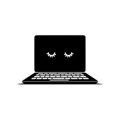Minimalist sleepy laptop icon on white background, Simple black silhouette of a laptop with closed eyes, symbolizing sleep mode, digital rest, or computer inactivity.

