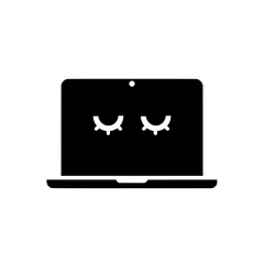 Minimalist sleepy laptop icon on white background, Simple black silhouette of a laptop with closed eyes, symbolizing sleep mode, digital rest, or computer inactivity.

