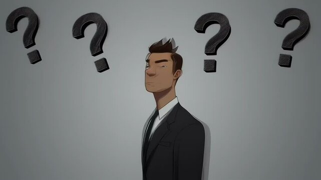 Cartoon man in suit with question marks thinking  
