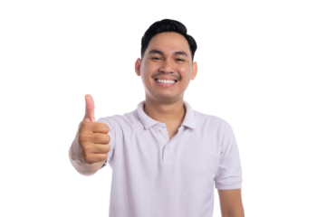 Cheerful young man giving thumbs up with happy smile showing approval and positive gesture isolated on transparent background