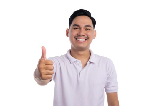 Cheerful young man giving thumbs up with happy smile showing approval and positive gesture isolated on transparent background