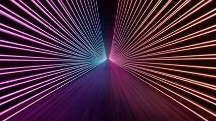 Fototapeta premium The image contains a digital rendering of a dark, abstract tunnel or corridor. Bright neon lines in shades of pink, teal, and orange radiate outwards from a central vanishing point, creating a sense