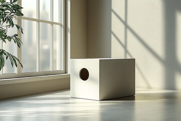 Minimalist White Box with Circular Hole on Light Floor and Sunlight Shadows

