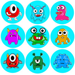 Obraz premium A set of cute and goofy cartoon monsters with unique shapes, bright colors, and funny expressions. Perfect for kids' games, stickers, avatars, and educational illustrations.