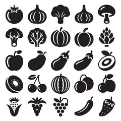 Fresh Produce Icons Collection Black and White Vegetable Fruit Graphics Design Elements