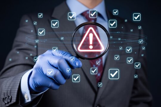 Examining a warning symbol amidst many checkmarks.