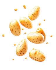 Yellow potatoes falling on black background, transparent background, food photography, fresh produce, healthy eating, levitating potatoes, kitchen ingredient, culinary image, potato texture,