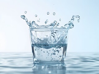 Splashing water in glass cup with dynamic motion on light blue background