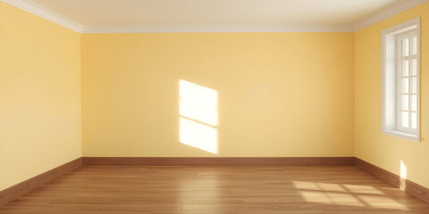 Empty unfurnished room with daylight, yellow wall and wooden floor. Mock up interior. Empty, copy space for your furniture, picture, decoration and other objects.