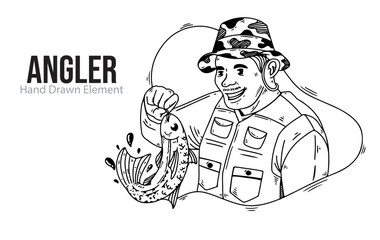 Vector hand drawn illustration of angler catching fish. Black ink, line art, simple.