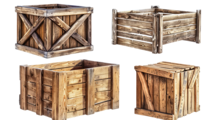 PNG. 4 different wooden crates isolated on a white background, with no shadows, text, icons, or other objects in the picture
