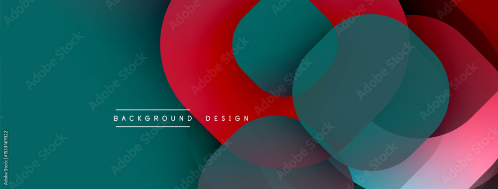 Poster Abstract design features overlapping circles, gradients. Teal, red, gray hues create modern visual impact. Minimalist style.