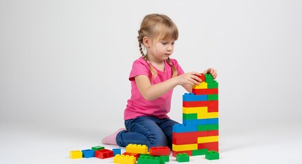 Child plays with colorful building blocks