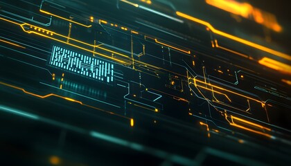 Abstract circuit board design with glowing lines.