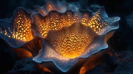 Obraz premium Glowing, bioluminescent flora with intricate, lacy textures and warm, orange inner light, nestled in a dark, textured environment