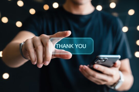 Person pressing a thank you button on a smartphone.