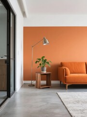 Modern Living Room with Orange Sofa and Accent Wall